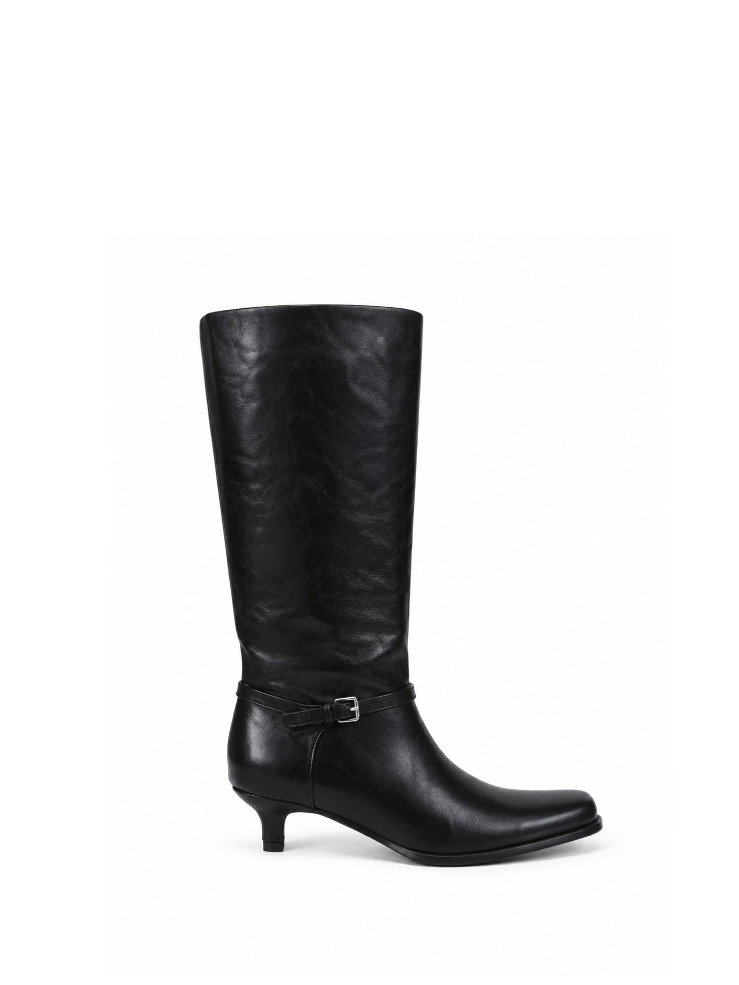 Buckle-Strap Kitten Heel Knee-High Boots