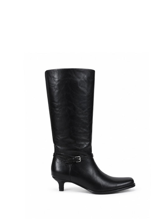 Buckle-Strap Kitten Heel Knee-High Boots
